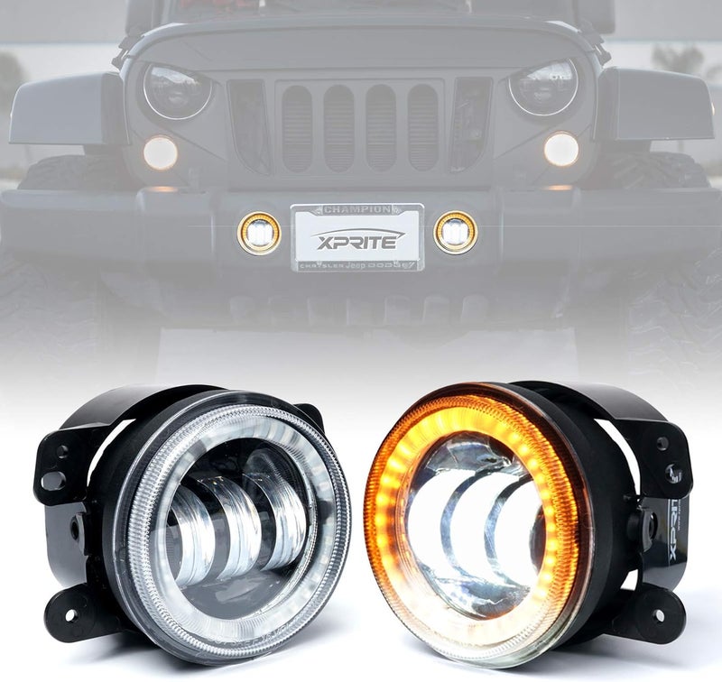 Xprite أضواء ضباب LED بحجم 4 بوصات مع حلقة هالة صفراء وعين زاوية DRL، 60 واط، مصابيح ضباب أمامية فائقة السطوع، قابلة للتوصيل والاستبدال متوافقة مع جيب رانجلر غير المحدود JK من 2007-2018، معتمدة من DOT - Image 1